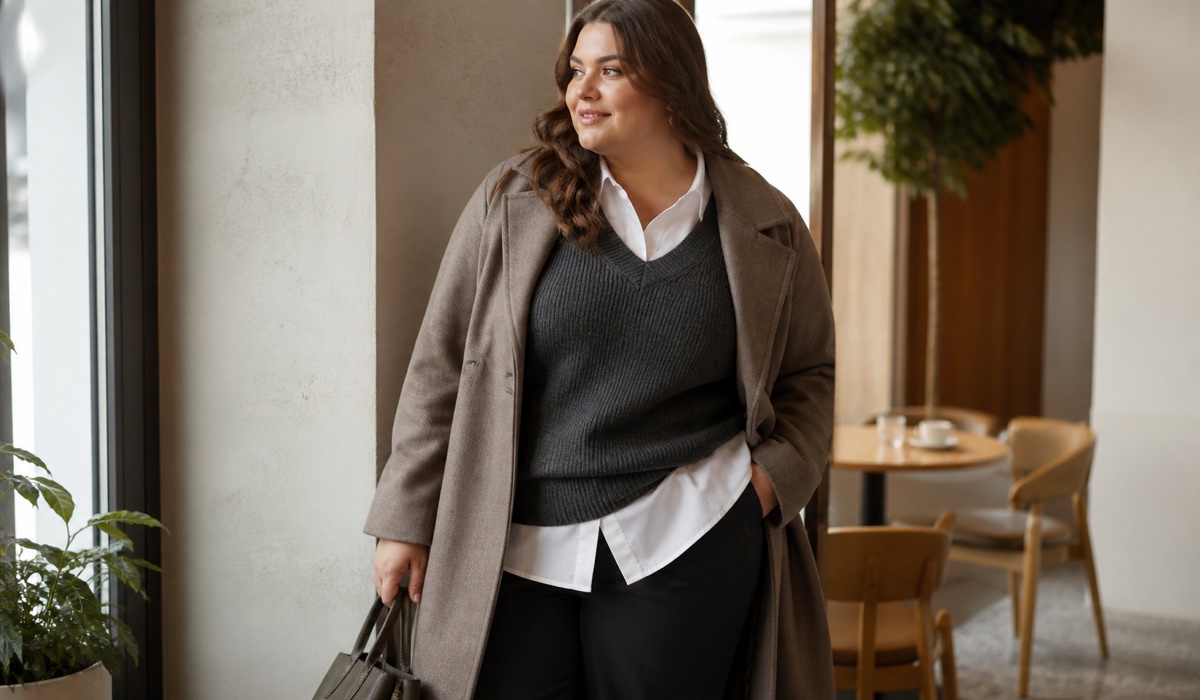Plus Size образ с разной длиной рубашки, жилета и прямого пальто