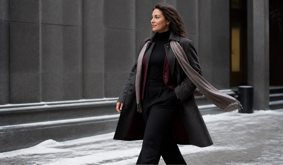Зимний многослойный образ Plus Size с пальто, шарфом и лонгсливом