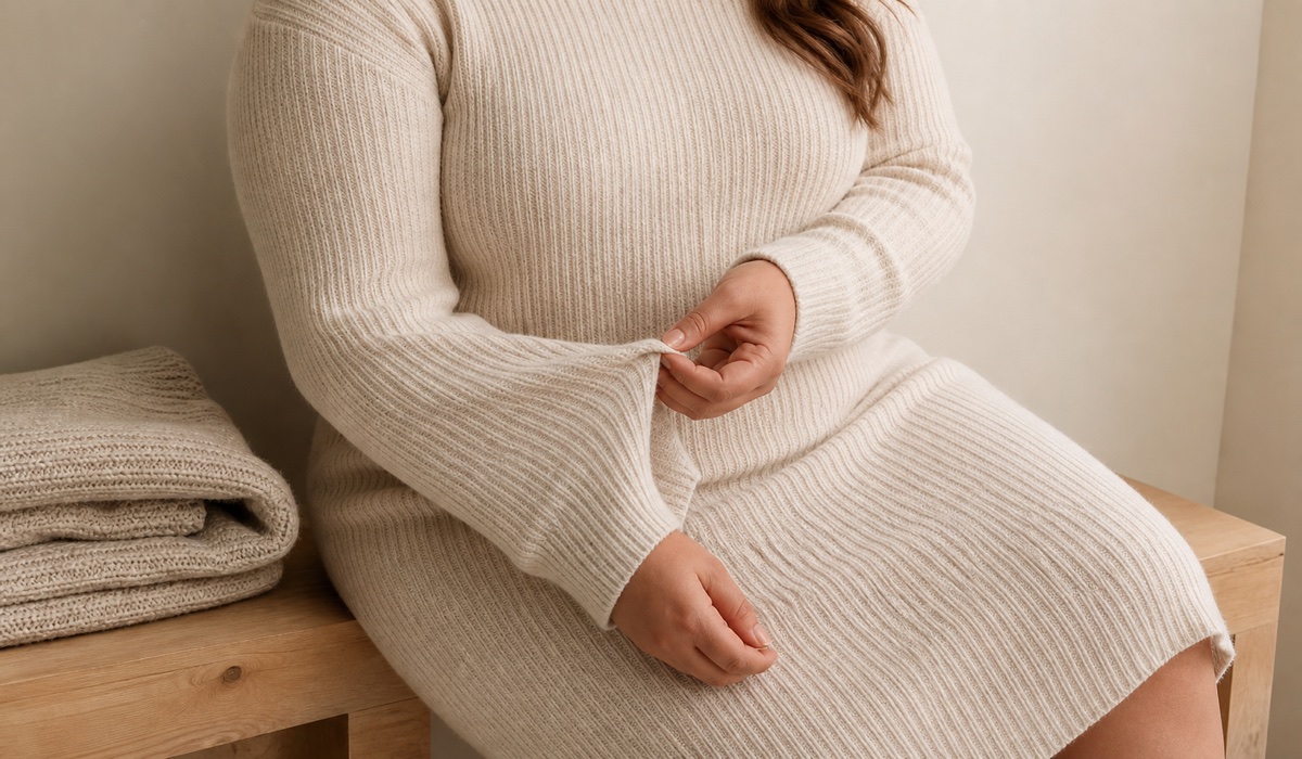 Фактура плотного трикотажа на тёплом платье Plus Size