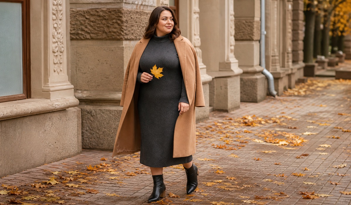 Женщина Plus Size в тёплом трикотажном платье миди осенью