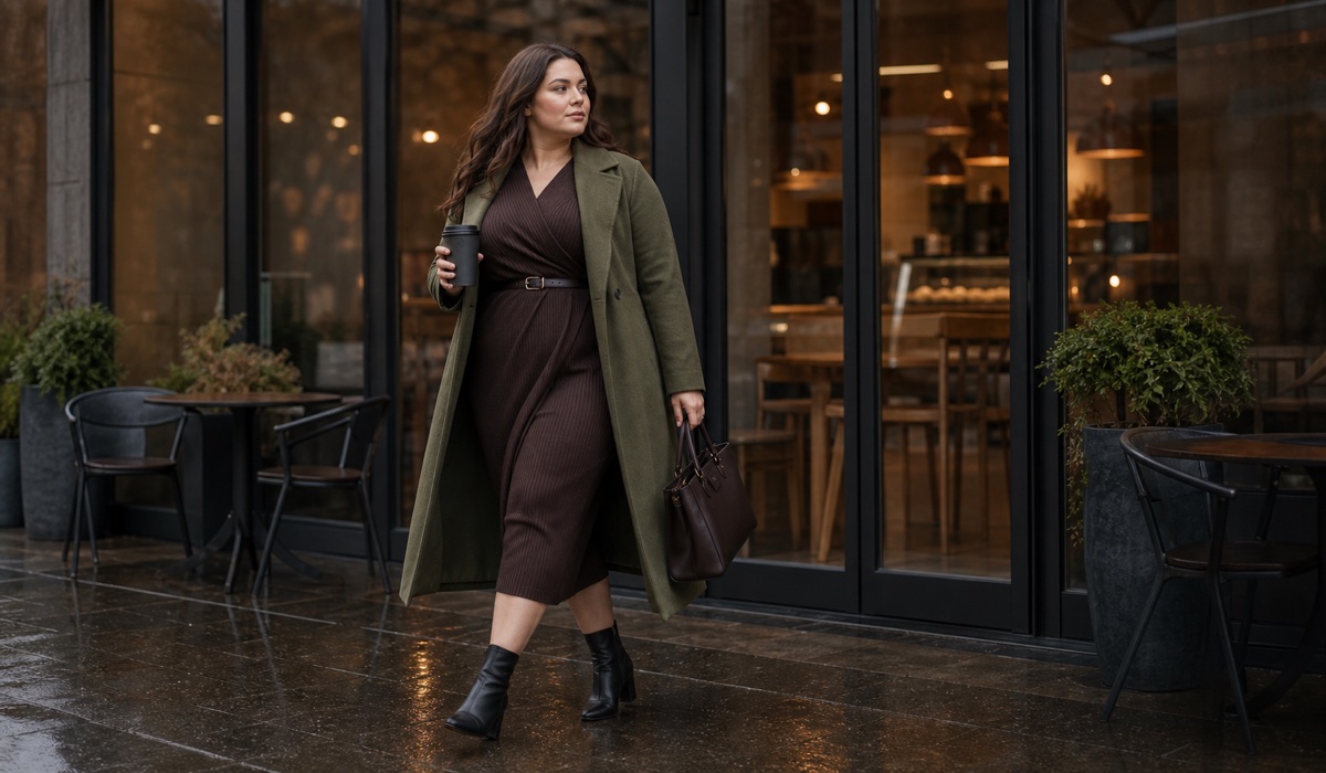 Тёплое платье Plus Size с пальто и ботильонами