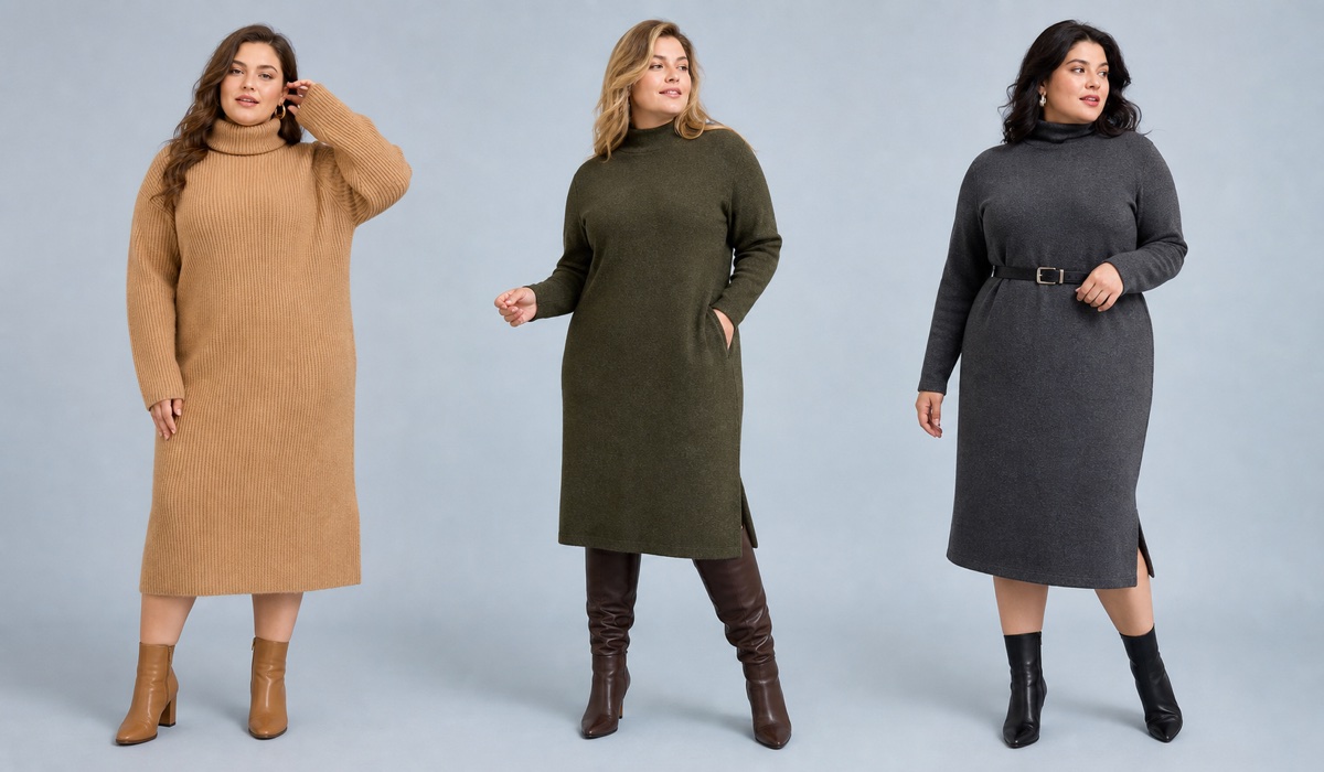 Три образа Plus Size с тёплыми платьями миди на осень-зиму