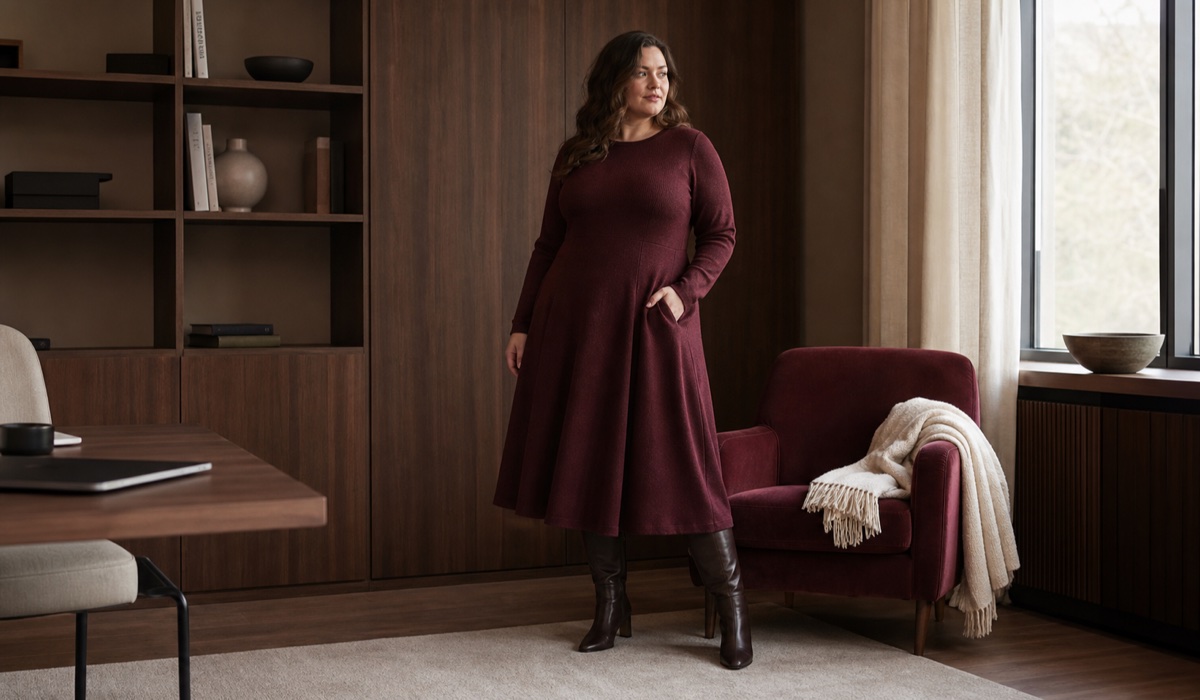Шерстяное платье миди для женщин Plus Size на осень-зиму