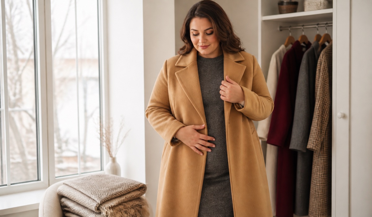 Женщина Plus Size в шерстяном пальто и трикотажном платье
