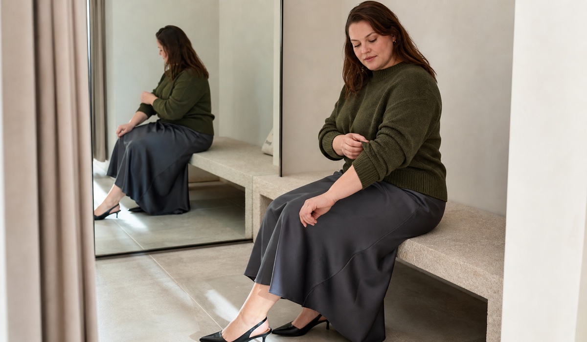 Женщина Plus Size в свитере средней плотности и юбке миди
