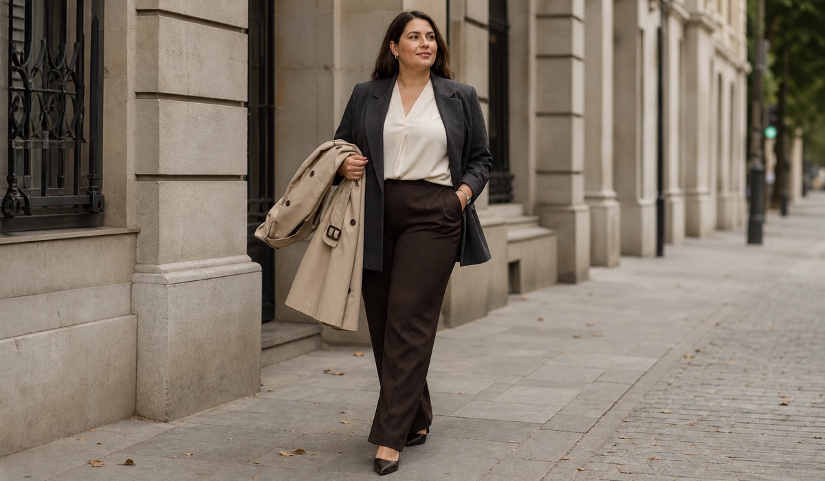 Женщина Plus Size в жакете, прямых брюках и тренче в нейтральных оттенках