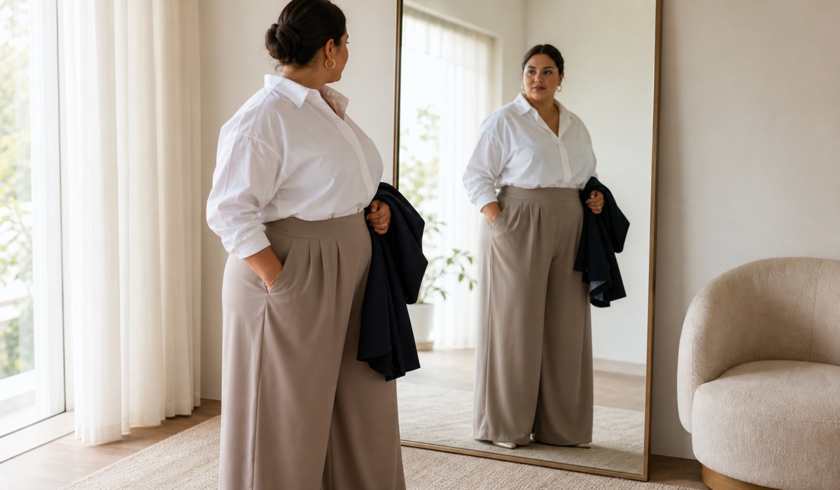 Женщина Plus Size в белой рубашке и брюках палаццо перед зеркалом