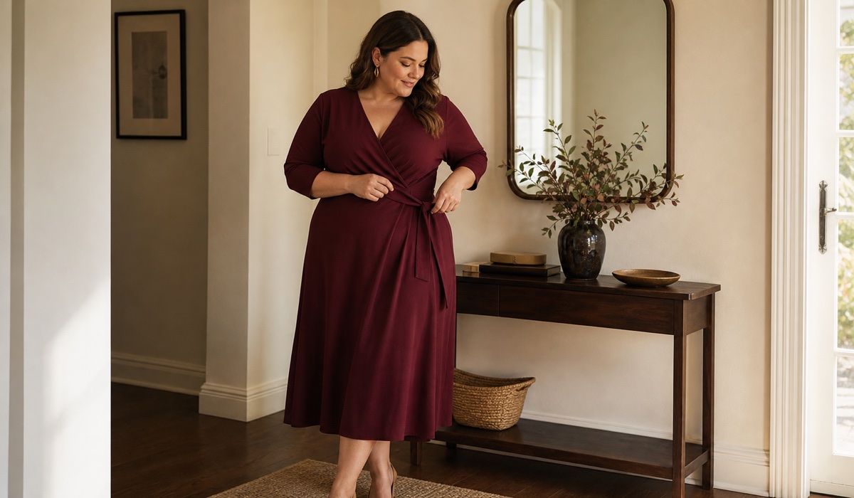 Женщина Plus Size в платье на запах миди с акцентом на талии