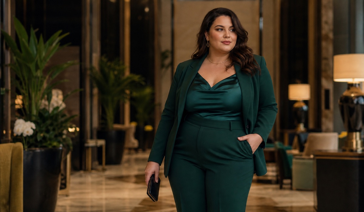 Женщина Plus Size в темно-зеленом брючном костюме для праздничного корпоратива