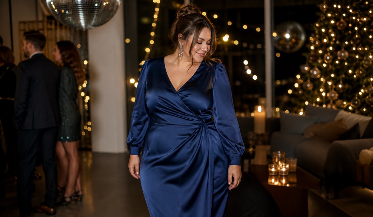 Новогодний образ Plus Size с сапфировым атласным платьем и сияющими аксессуарами