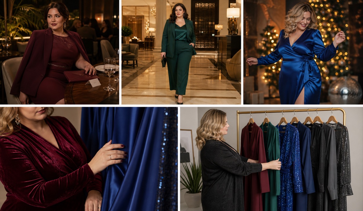 Фактура бордового бархата и сапфирового атласа в праздничной одежде Plus Size