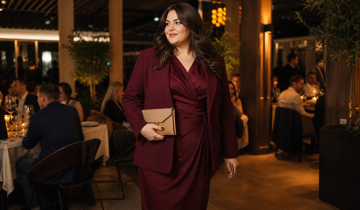 Женщина Plus Size в бордовом платье миди и жакете для корпоратива
