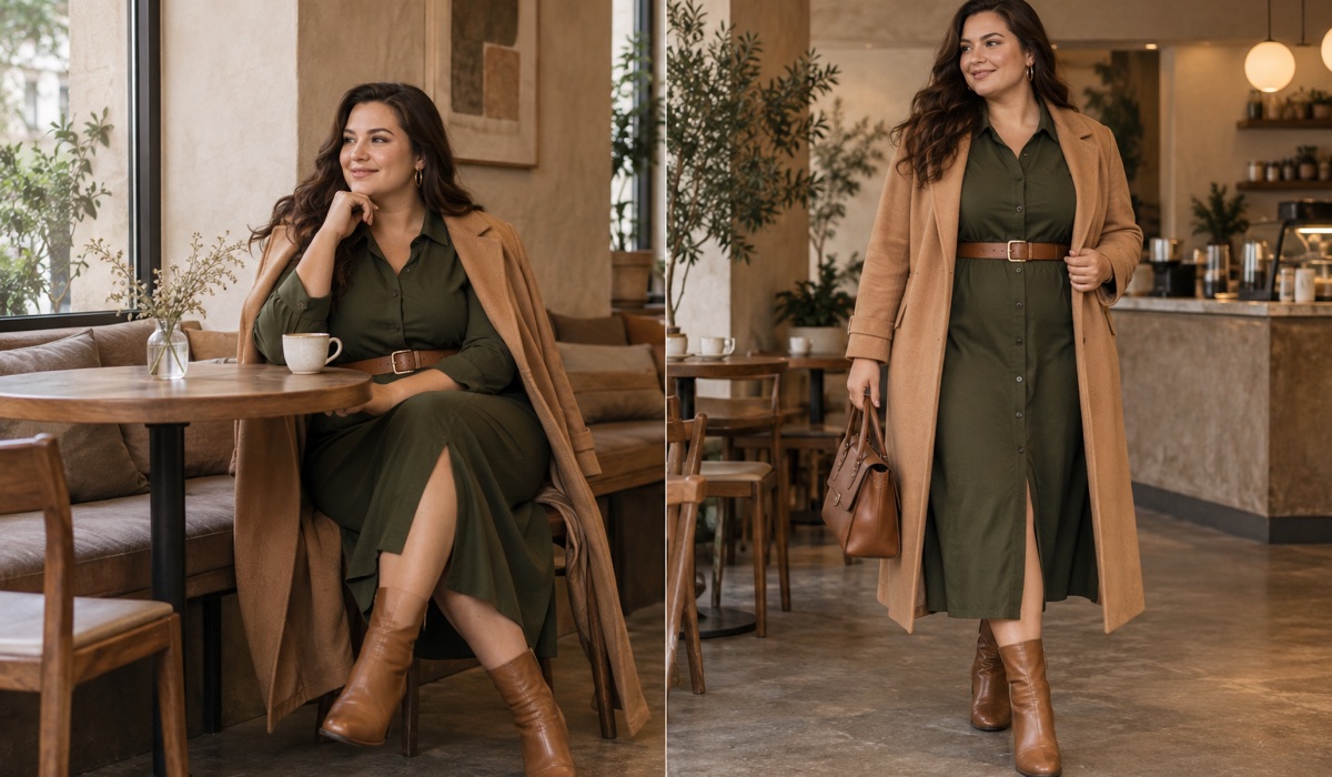 Plus Size образ в оливковому та карамельному кольорах у кав’ярні