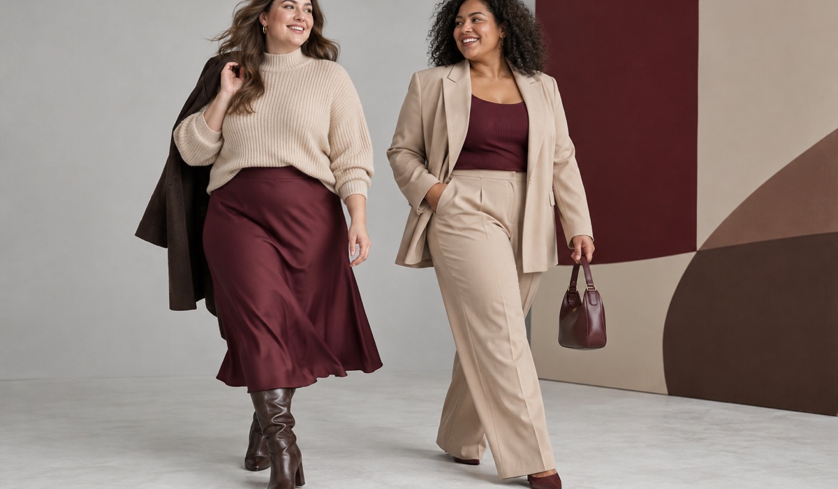 Два Plus Size образи у бордовому та пудрово-бежевому кольорах