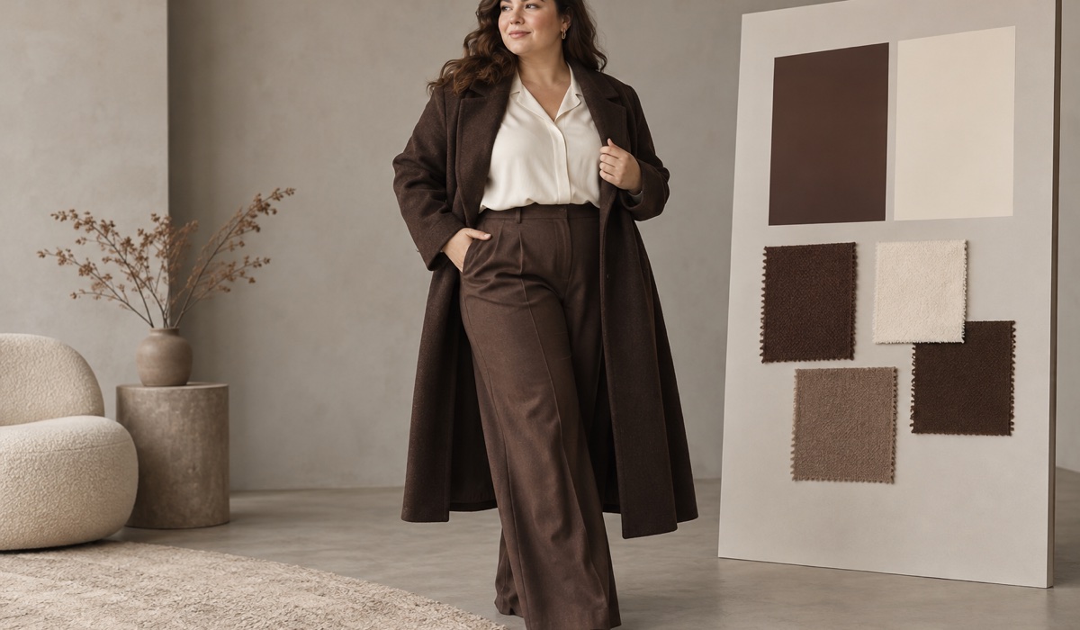 Plus Size образ у шоколадному та молочному кольорах зі зразками тканин