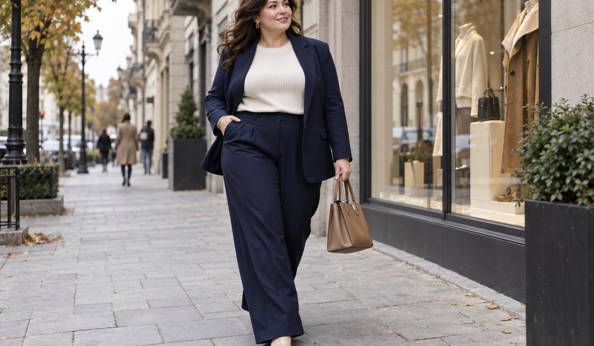Plus Size жінка в темно-синьому та кремовому міському образі