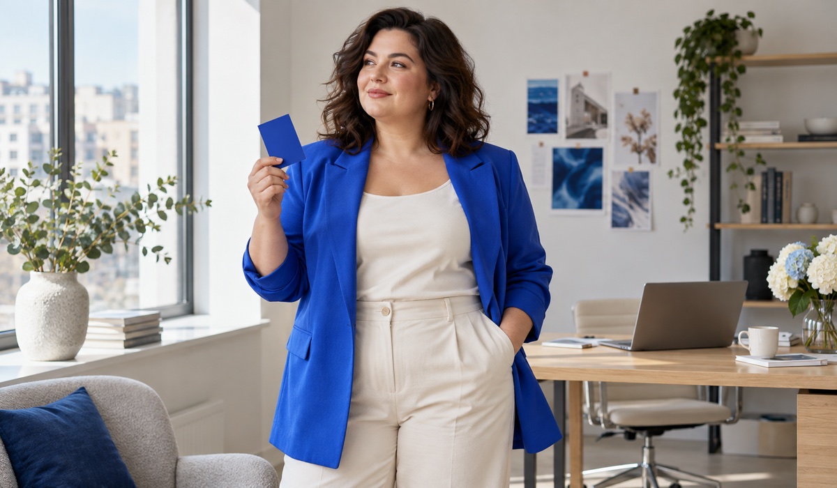 Жінка plus size у синьому жакеті та світлих брюках