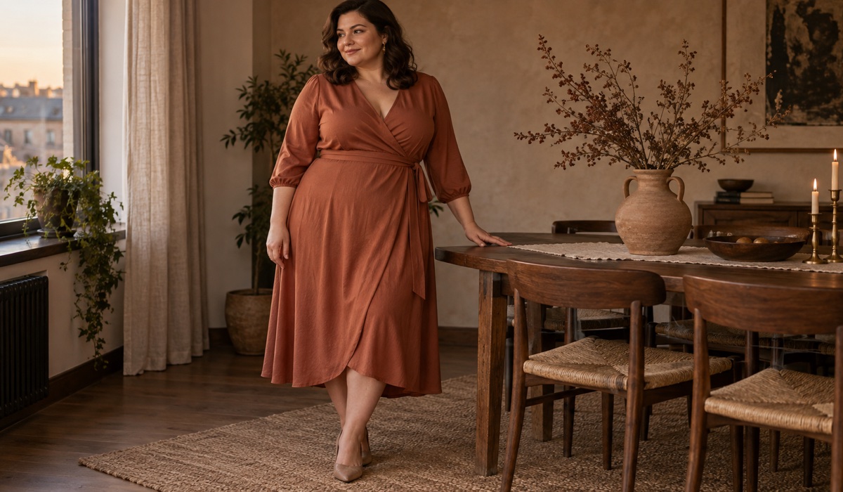 Жінка plus size у теракотовій сукні міді для вечірнього образу