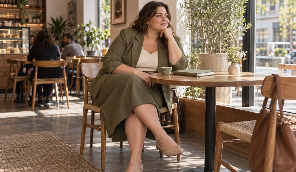 Plus size образ в оливковому монохромі з жакетом і спідницею міді