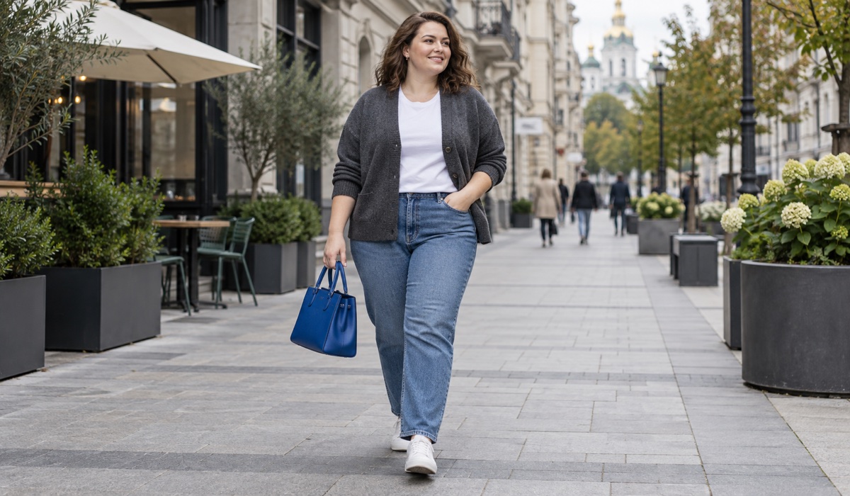 Повсякденний plus size образ з нейтральною базою та яскравою синьою сумкою