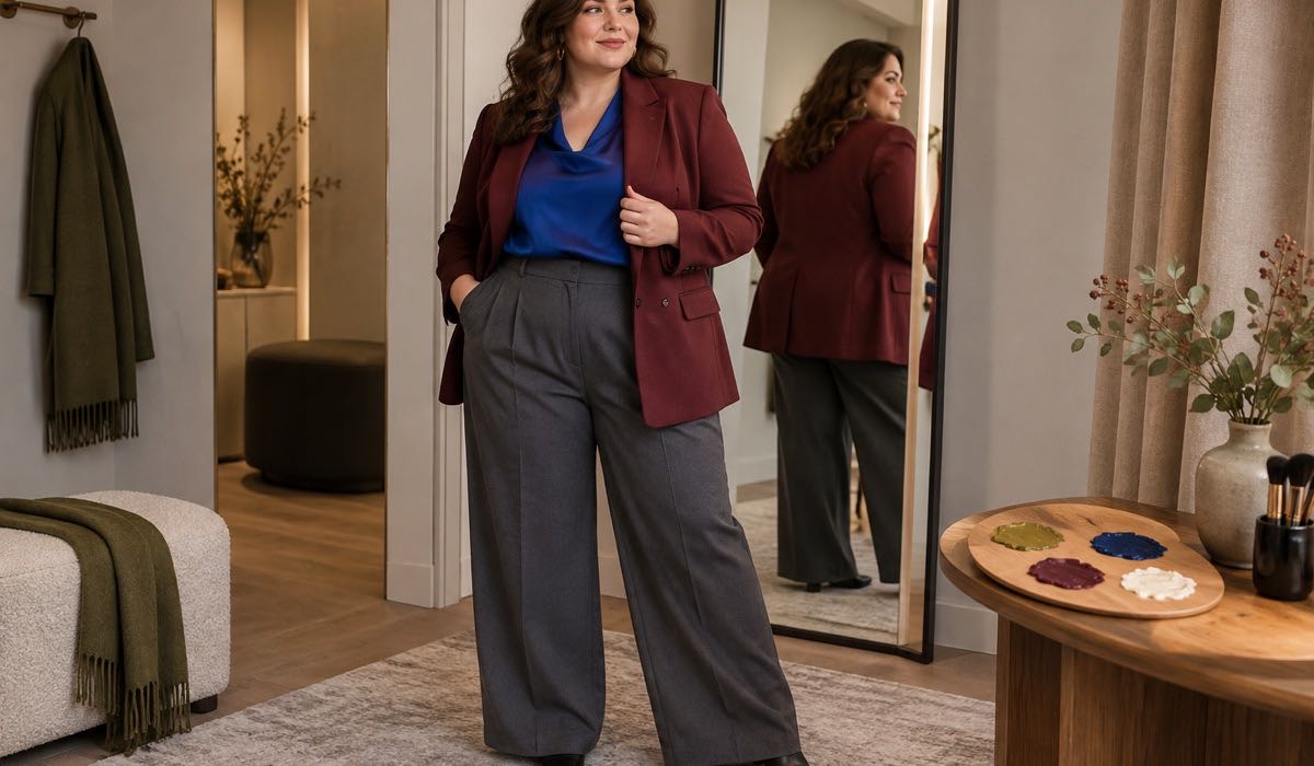 Жінка Plus Size у поєднанні королівського синього та червоного махагоні