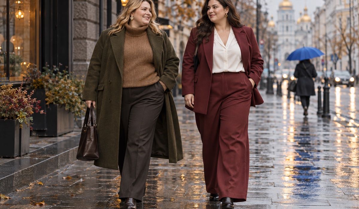 Стильні образи Plus Size в королівському синьому, оливковому та глиняному відтінках