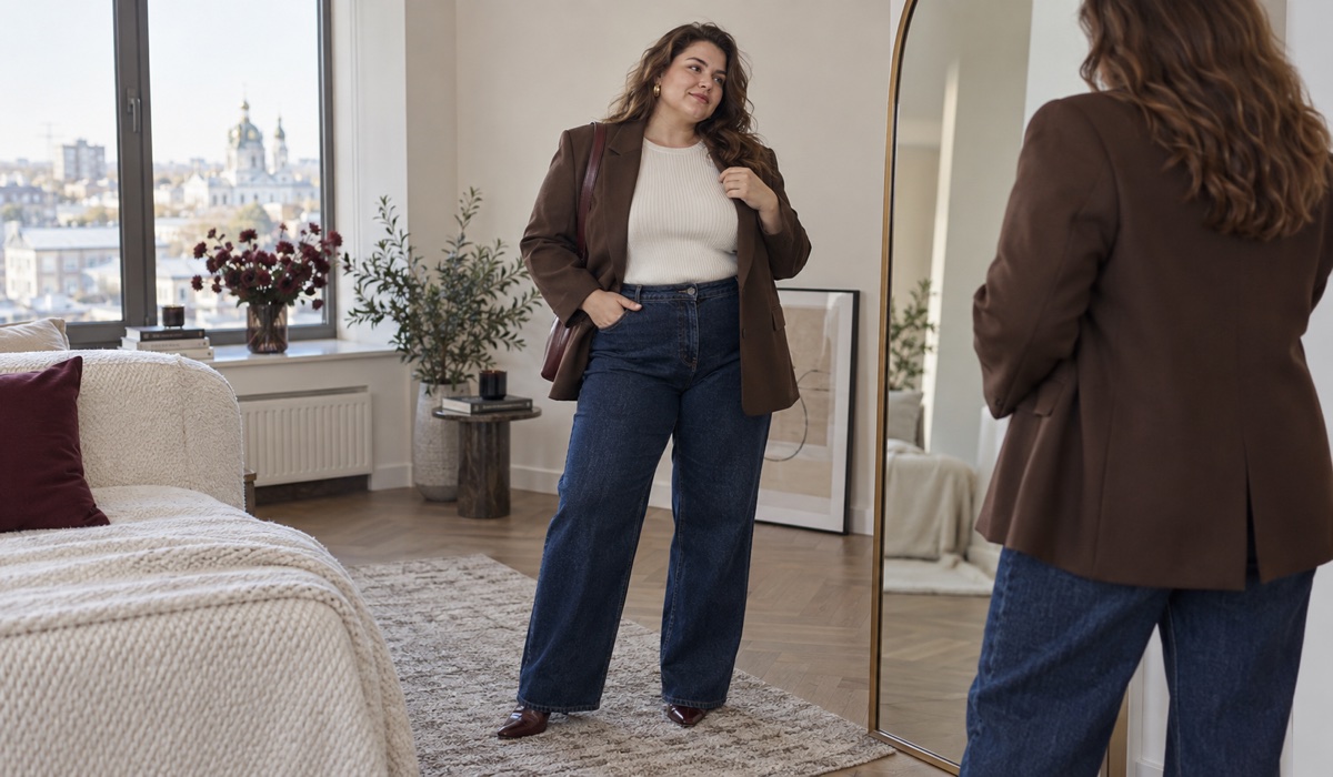 Plus Size woman in a structured blazer and straight-leg denim