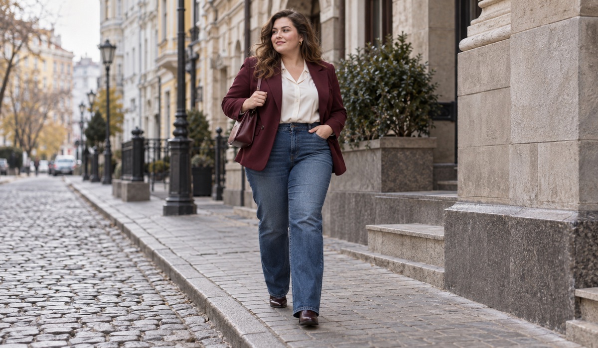 Plus Size woman in high-rise straight jeans in a city outfit
