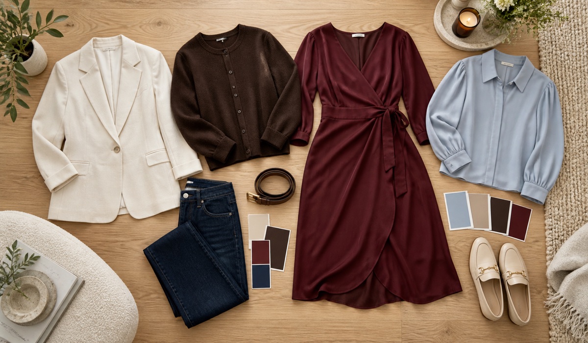Plus Size capsule wardrobe in cream, chocolate and burgundy shades
