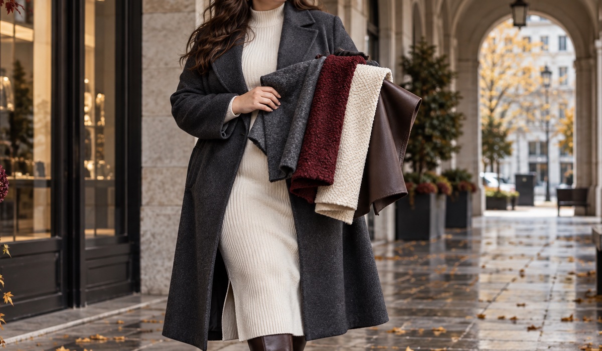 Plus-Size-Outfits: wool, boucle, knitwear and eco-leather