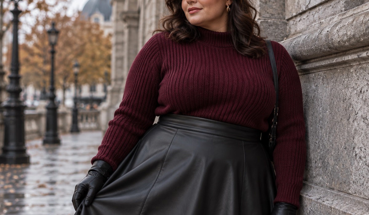 Plus-Size-Outfits: eco-leather and knitwear