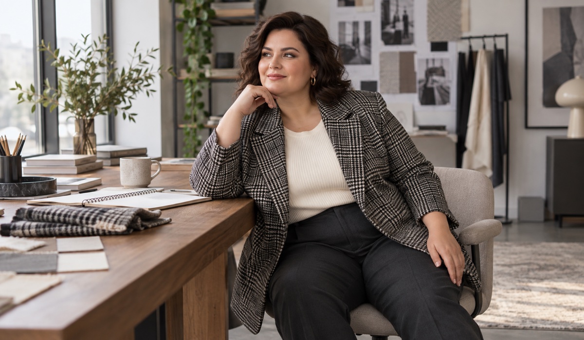 Женщина Plus Size в клетчатом жакете с однотонной базой