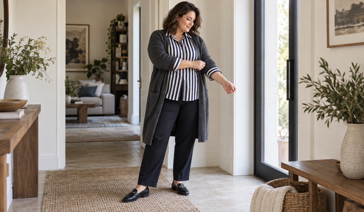 Женщина Plus Size в полосатой рубашке и удлинённом кардигане