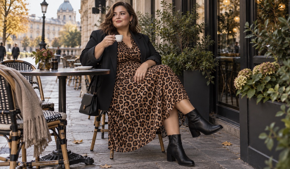 Женщина Plus Size в леопардовом платье миди с лаконичным жакетом