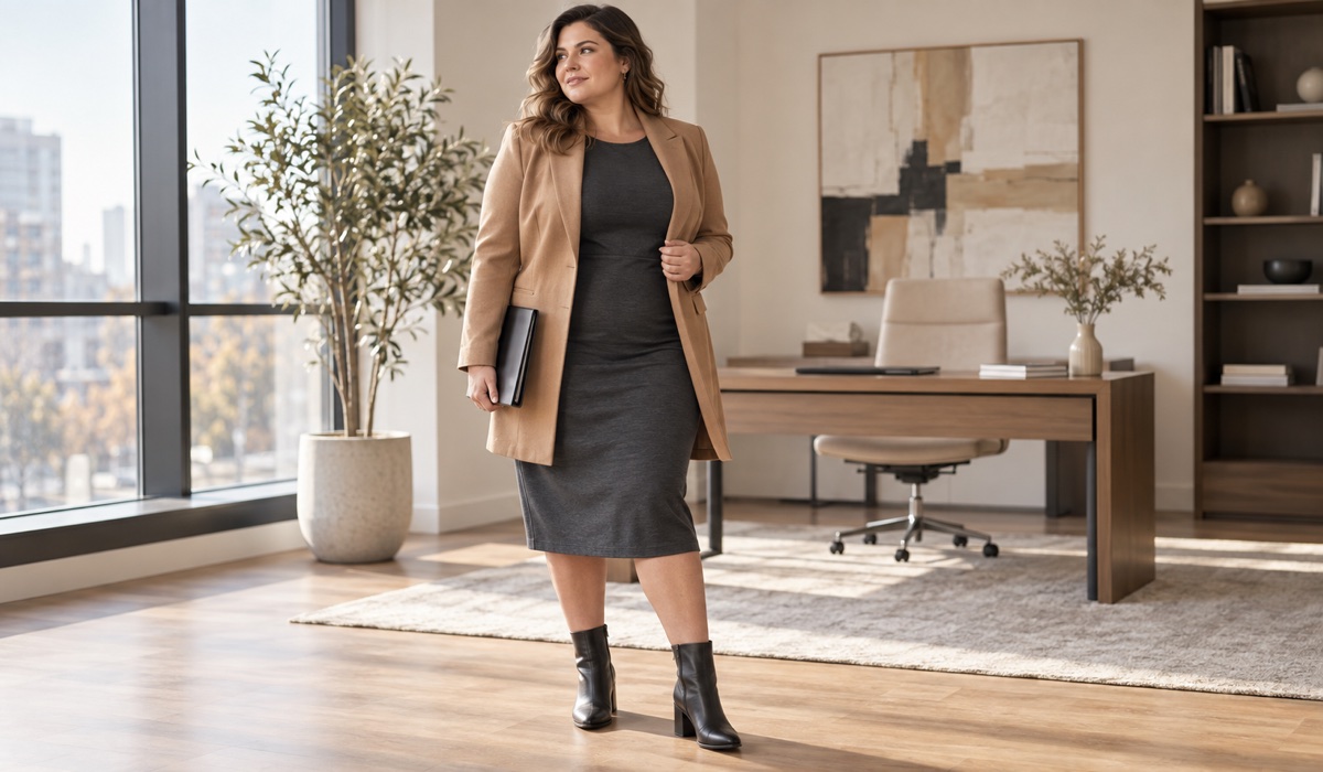 Жінка Plus Size у графітовій сукні-футлярі міді та подовженому жакеті в офісі