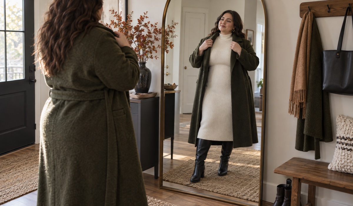 Plus Size образ із молочною трикотажною сукнею міді, довгим пальтом і високими чоботами