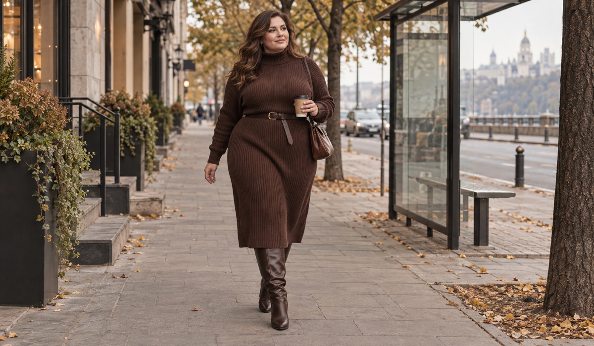 Жінка Plus Size у шоколадній трикотажній сукні міді та високих чоботах восени