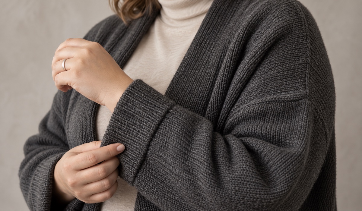 Крупний план фактурної в’язки кардигана Plus Size графітового кольору
