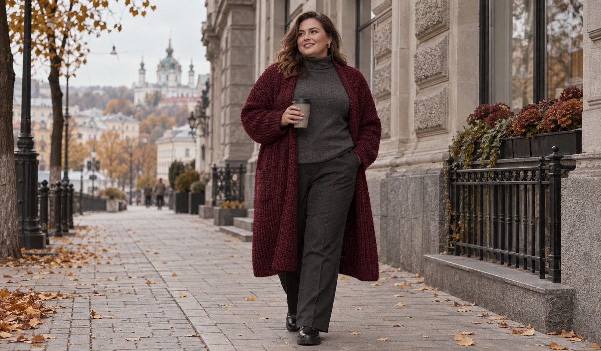 Жінка Plus Size у довгому в’язаному кардигані та гольфі в зимовому міському образі