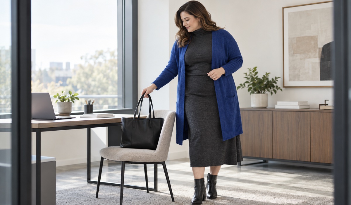 В’язаний гольф Plus Size під довгим кардиганом у багатошаровому образі