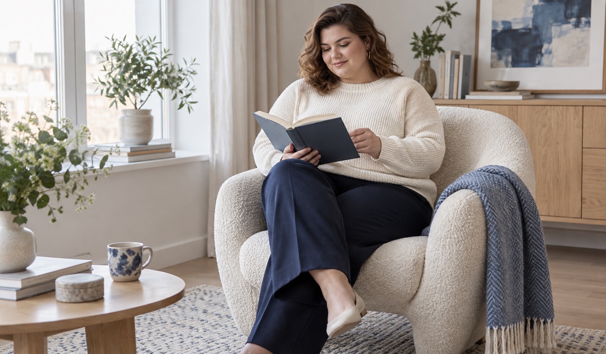 Жінка Plus Size у светрі середньої щільності та прямих штанах