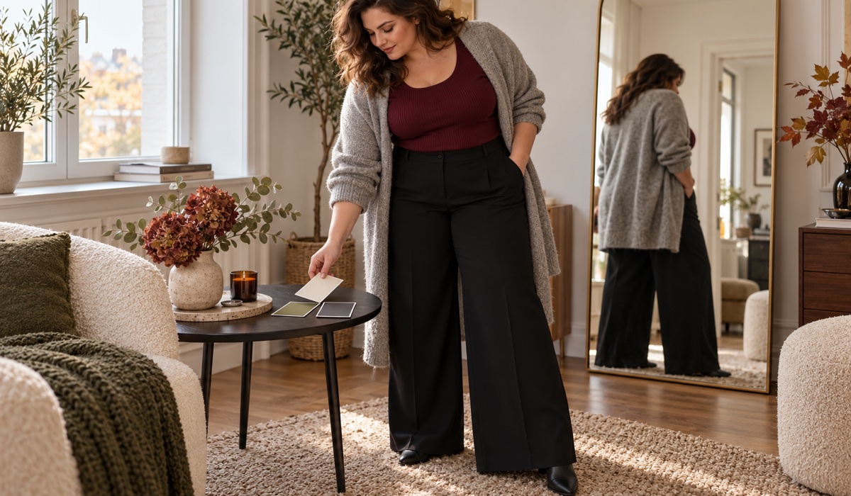 Plus-Size-Kapseloutfit mit schwarzer Wide-Leg-Hose und bordeauxfarbenem Top