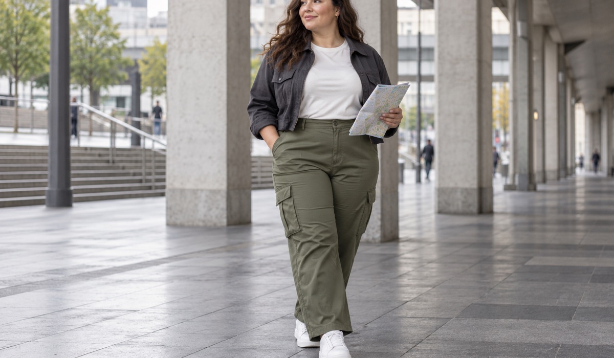 Olivfarbene Plus-Size-Cargo-Hose in einem lässigen Stadtlook