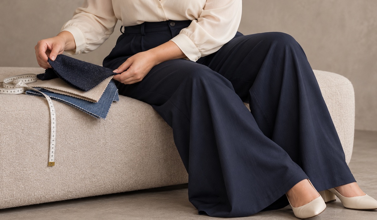 Stoffmuster und dunkelblaue weite Hose für eine Plus-Size-Garderobe