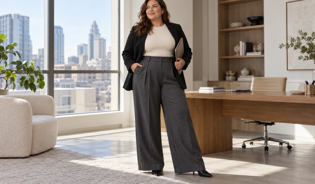 Plus-Size-Frau in Wide-Leg-Hose mit hohem Bund im Büro-Look