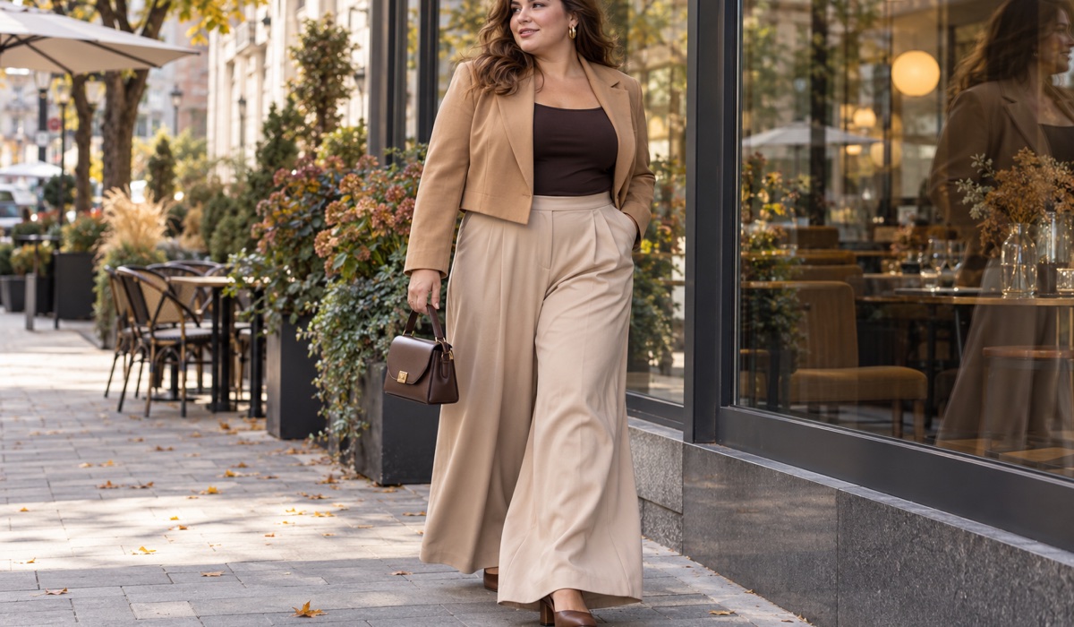 Beige Palazzo-Hose in einem eleganten Plus-Size-Stadtlook