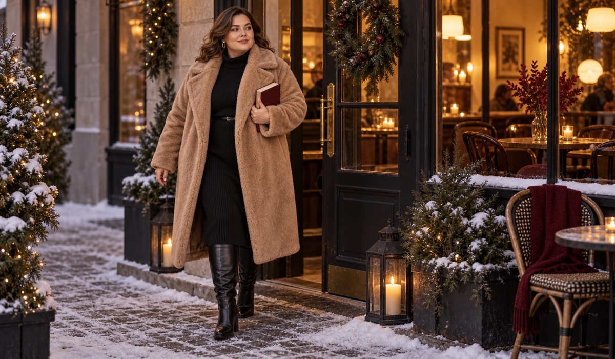 Пряма шуба міді Plus size для елегантного зимового образу