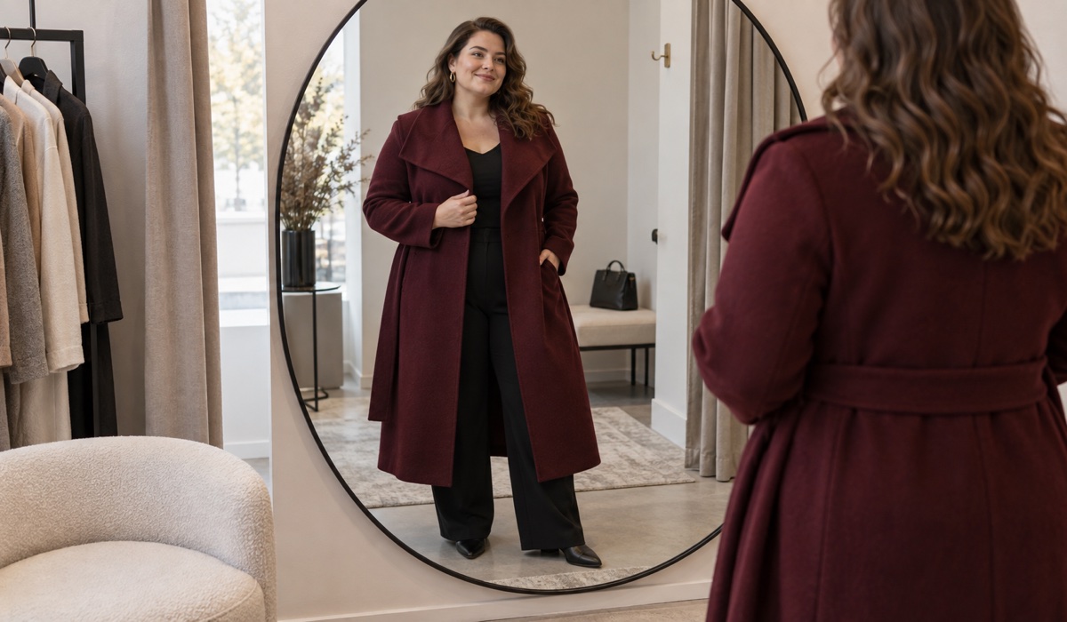 Жінка Plus size приміряє пальто з виразним коміром для збалансованого силуету
