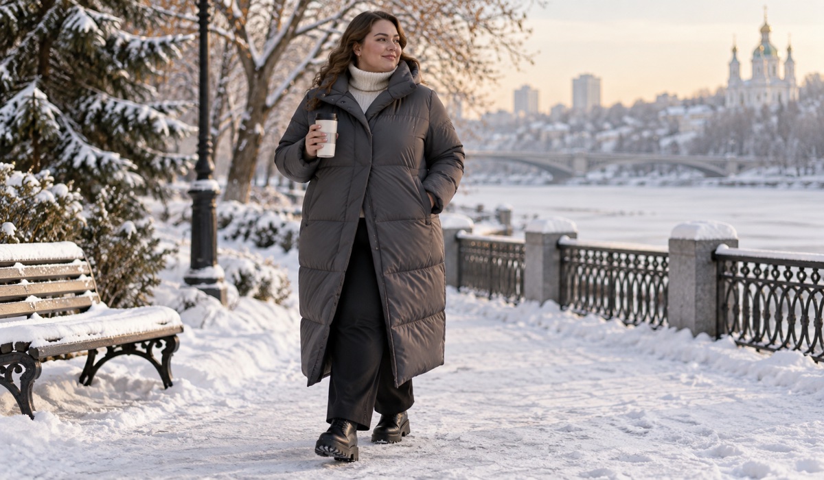 Довгий жіночий пуховик Plus size з високим коміром і прямим кроєм